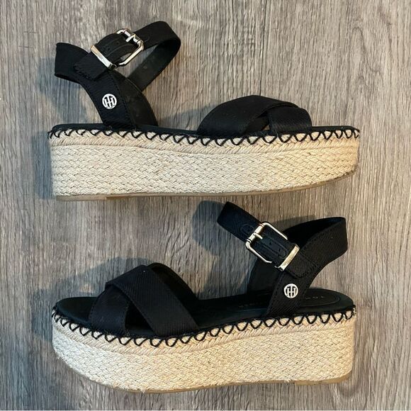 TOMMY HILFIGER Black Canvas Strappy Platform Espadrille Sandals - Picture 2 of 9
